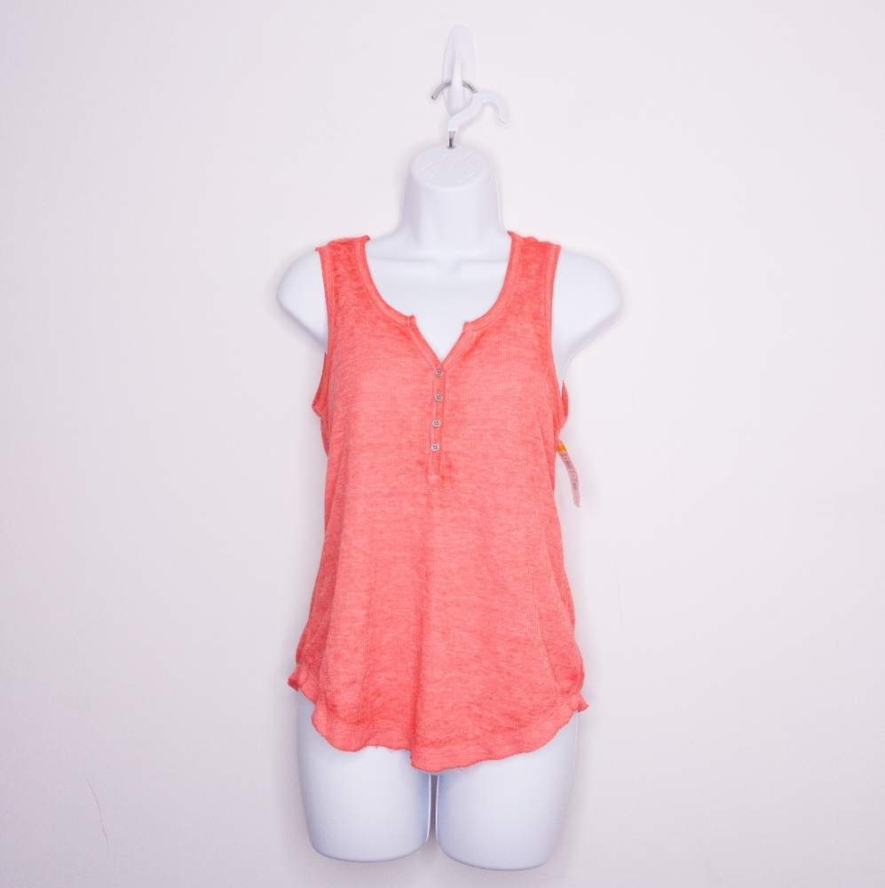 Derek Heart Women's Waffle Knit Henley Tank Top Size Medium Hot Coral